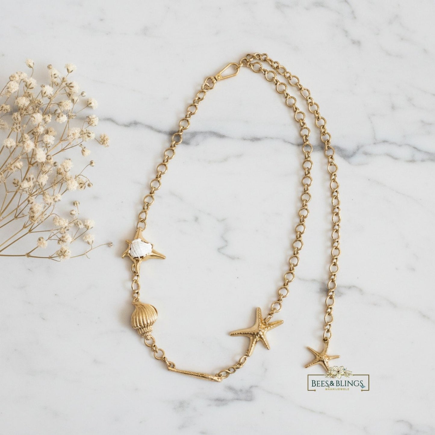 Gold Starfish-Seashell Charm  Necklace