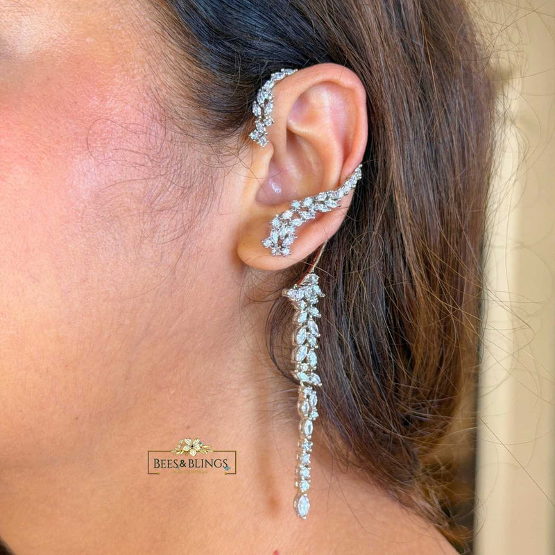 Silver Crystal Chain Drop Ear Cuff