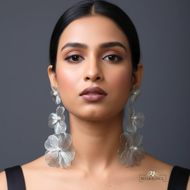 Silver Long Floral Earrings