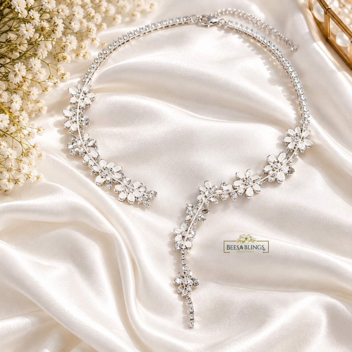 Silver Crystal Pearl Floral Y-Necklace