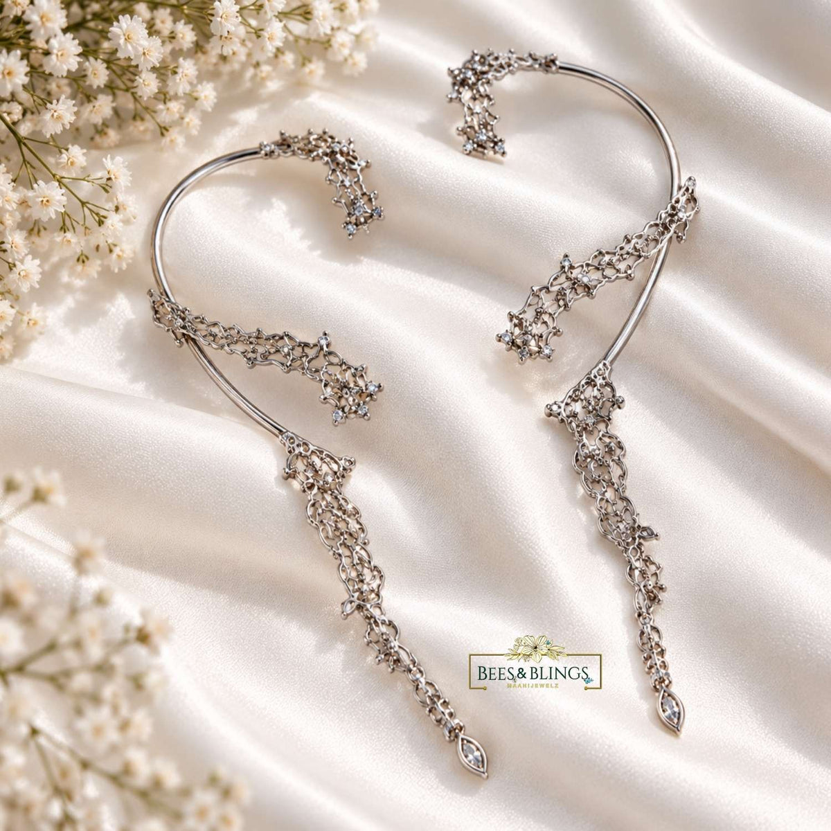 Silver Crystal Chain Drop Ear Cuff
