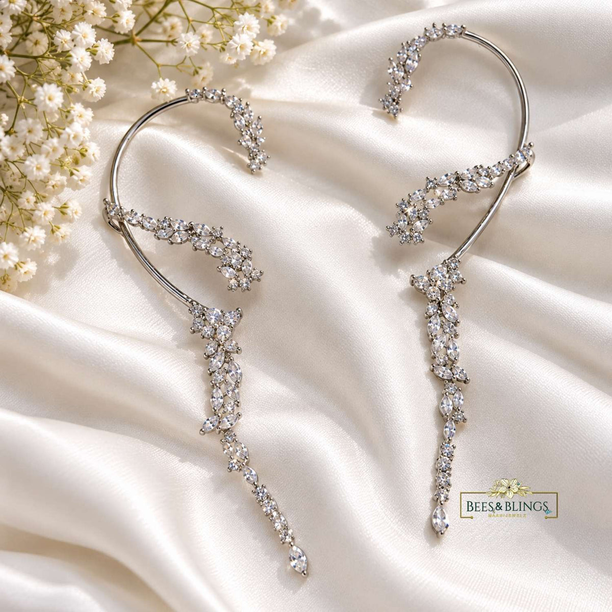 Silver Crystal Chain Drop Ear Cuff