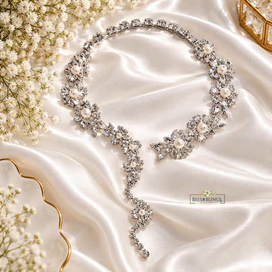 Silver Crystal Pearl Floral Y-Necklace