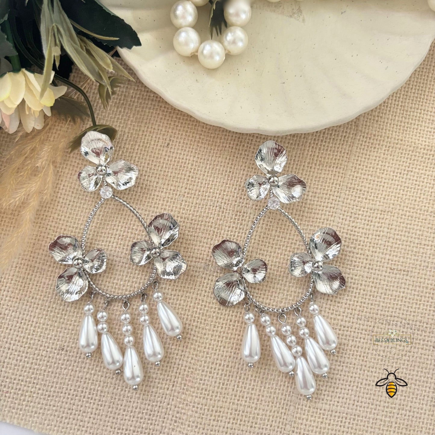 Silver-floral-partywear-drop-earrings
