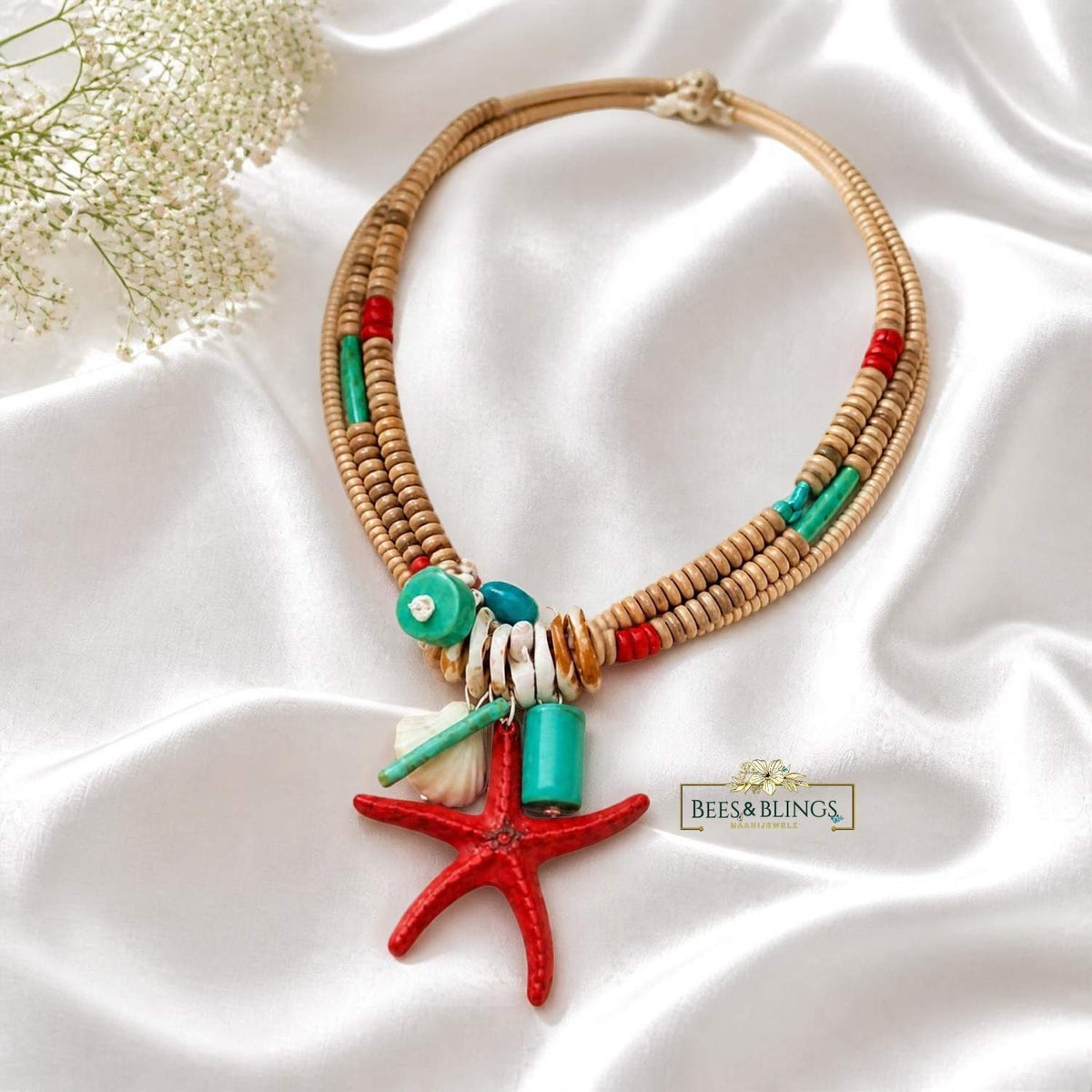 Red-Turquoise Starfish Statement beaded Necklace