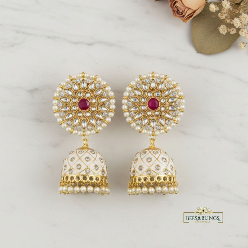 Green Meenakari Kundan Jhumkis