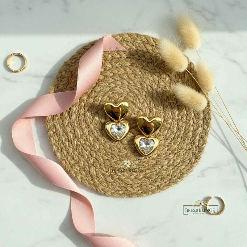 Golden Heart Crystal Statement Earrings