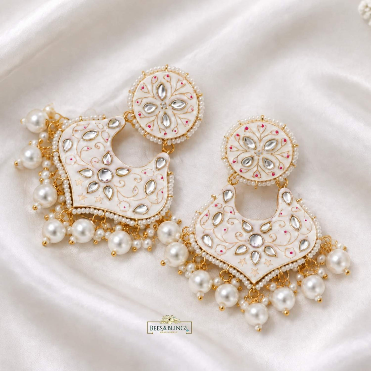 White Meenakari Kundan Jhumkas