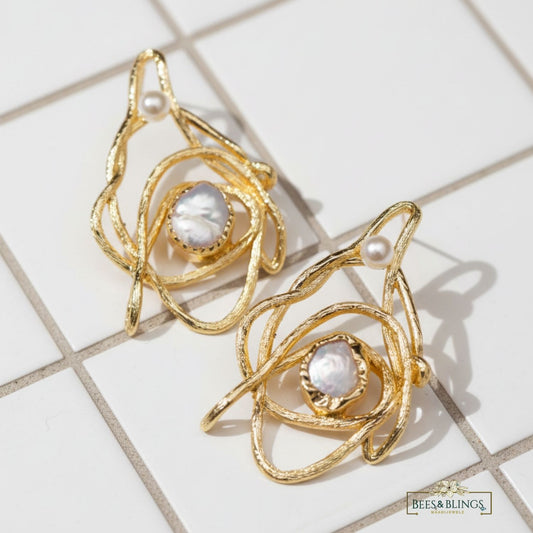 gold pearl abstract statement earrings
