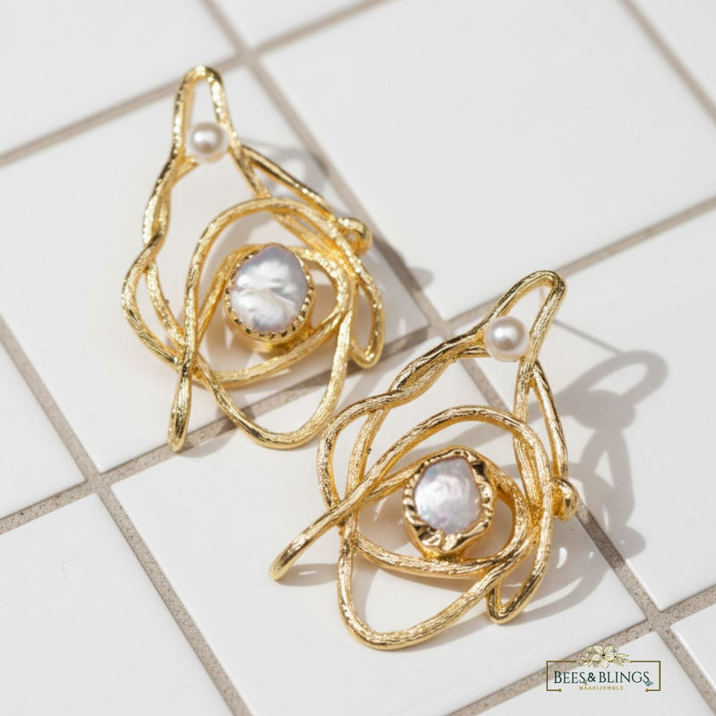 gold pearl abstract statement earrings