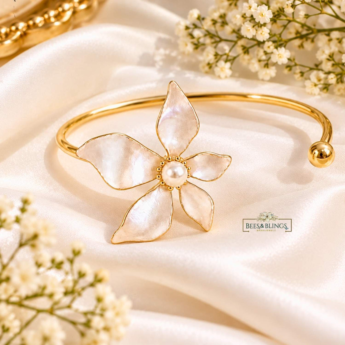 Golden Mother-Pearl Open Cuff Bracelet