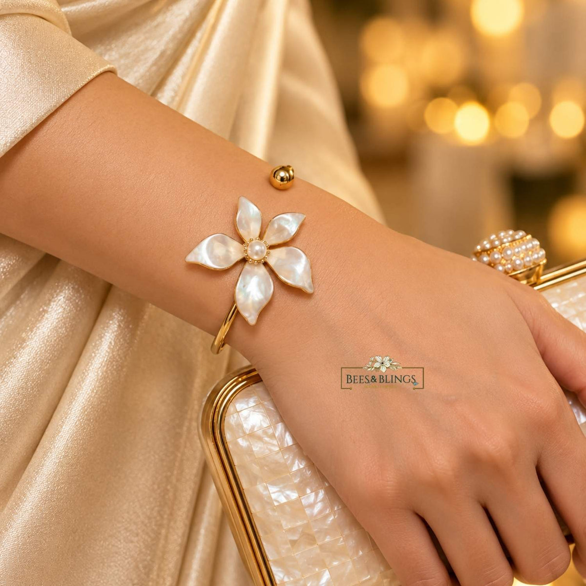 Golden Mother-Pearl Open Cuff Bracelet