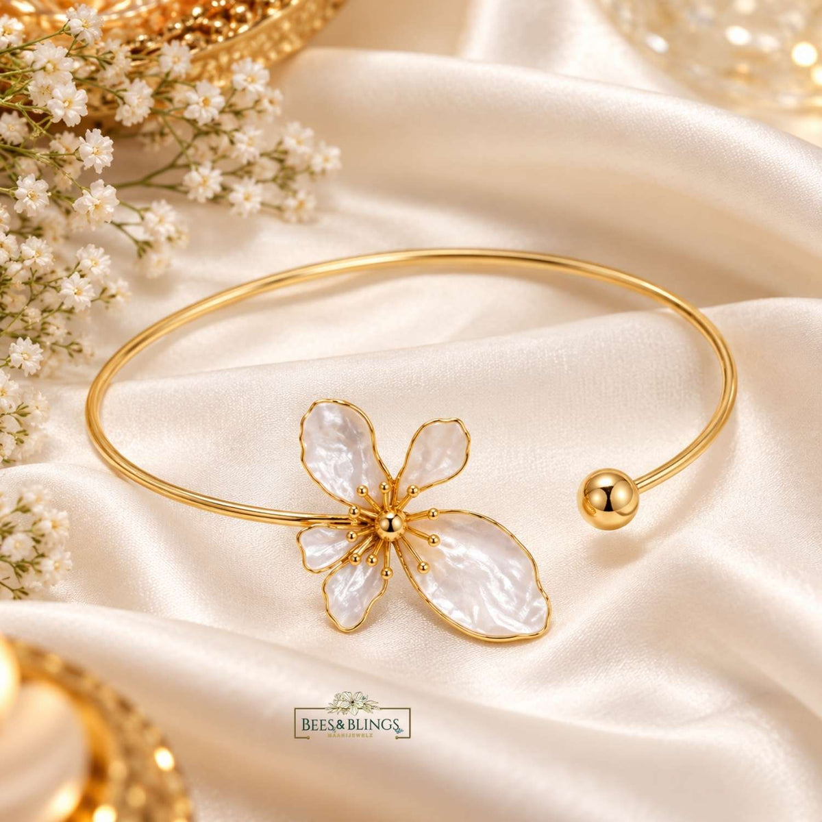 Golden Mother-Pearl Open Cuff Bracelet