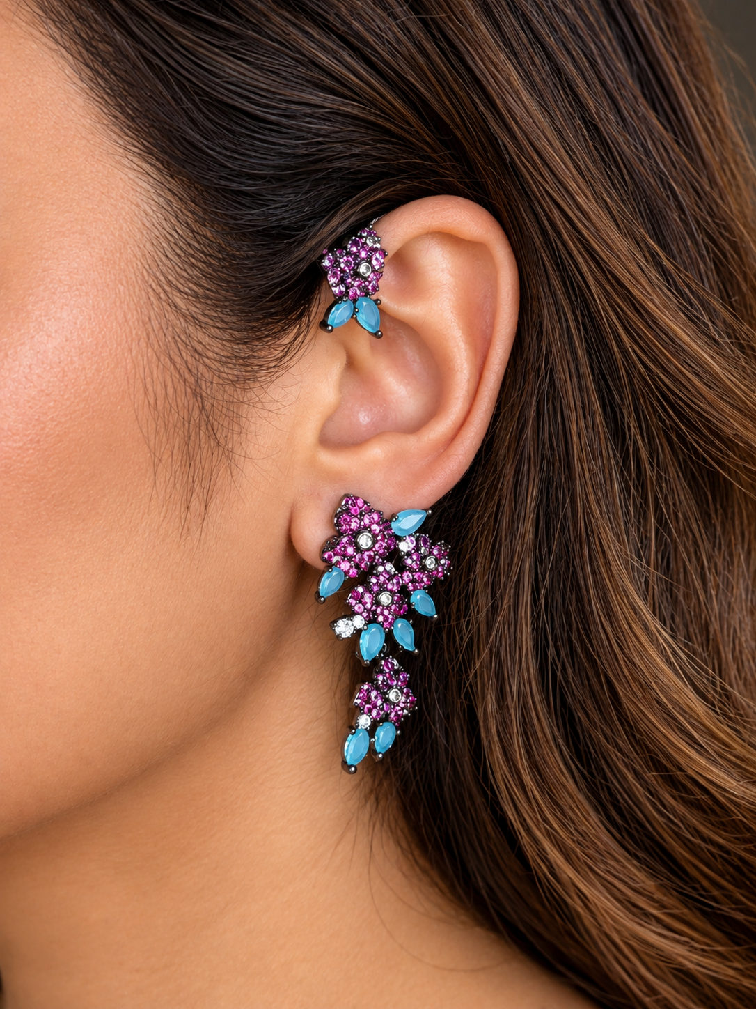 Wine Gunmetal Statement Floral EarCuff