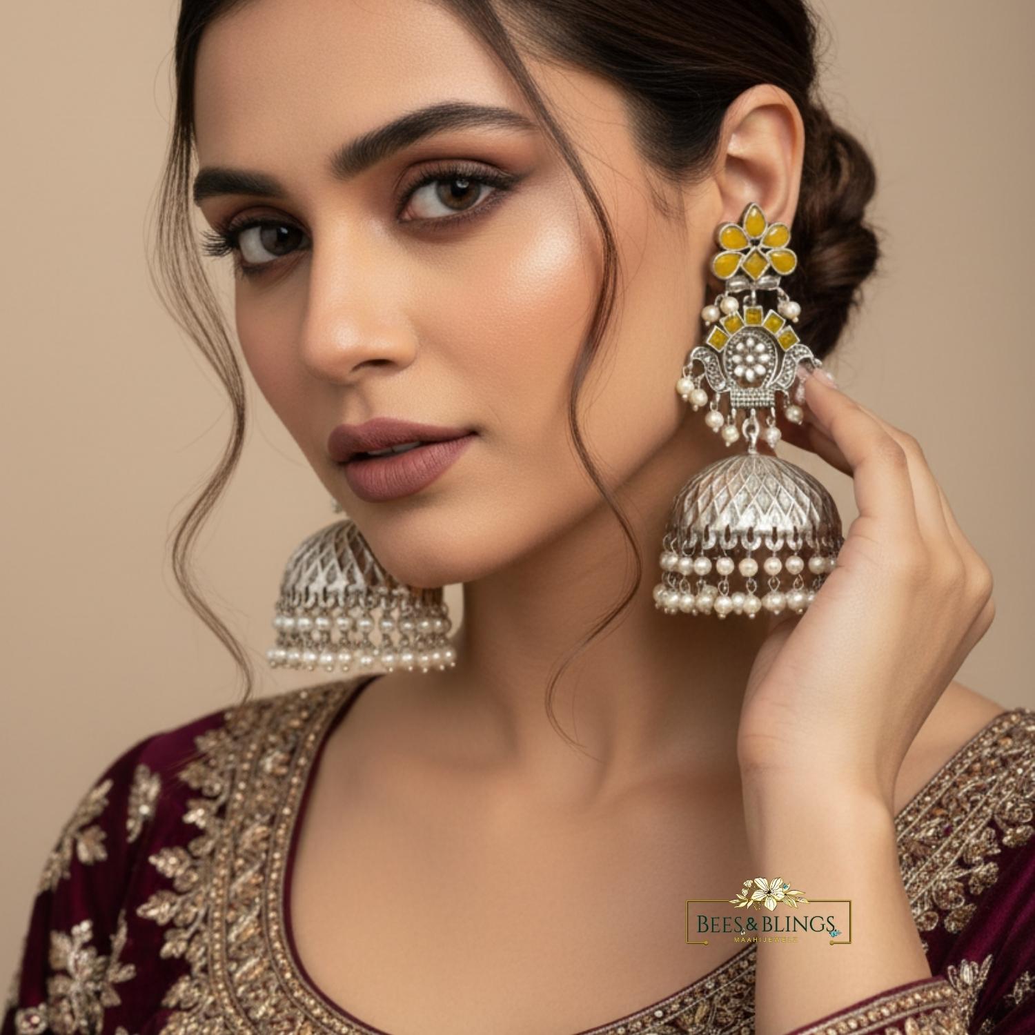 yellow_silver_oxidised_jhumkis